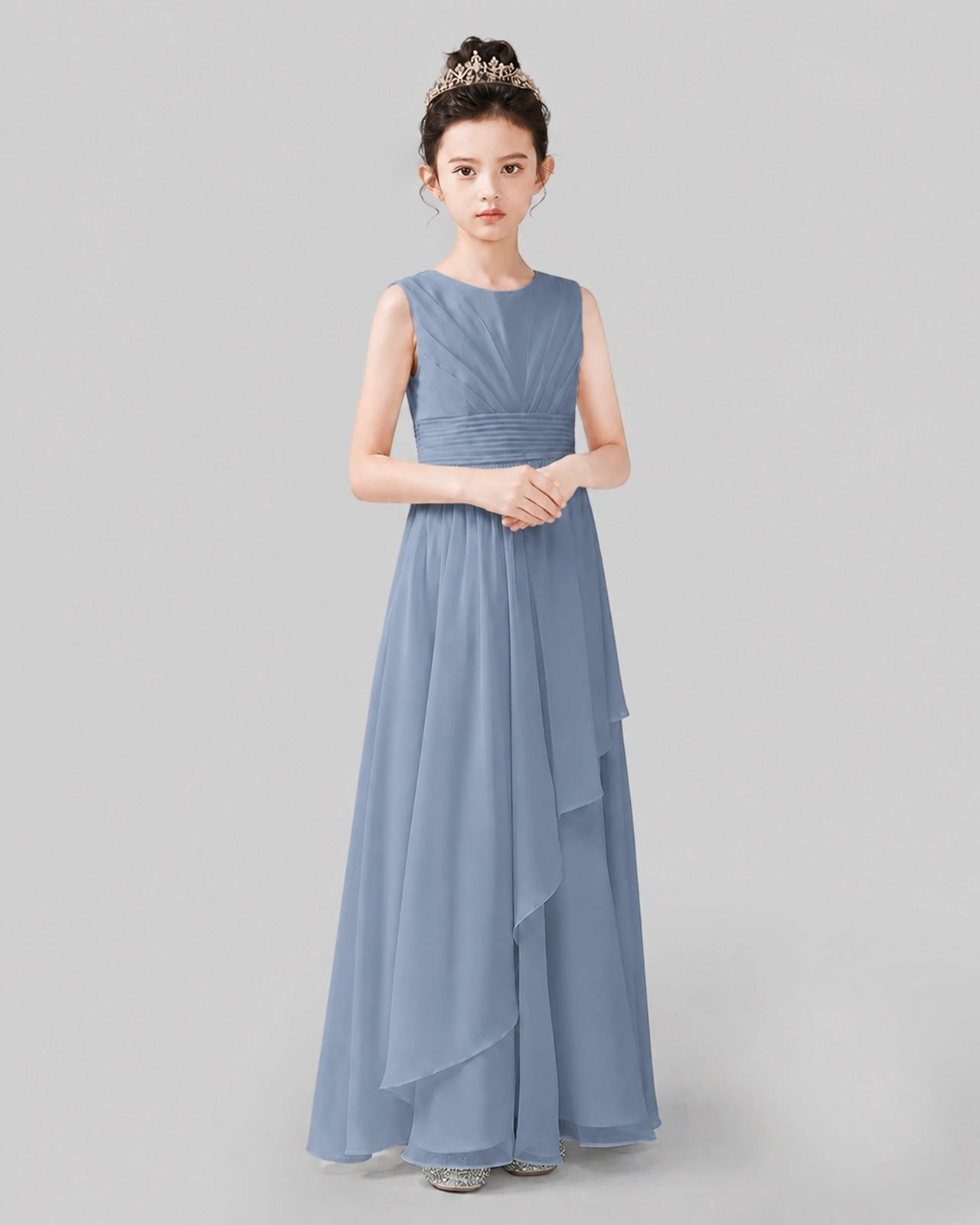 Dusty Blue Chiffon A-line Junior Bridesmaid Dress Side View