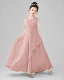 Pink Chiffon Ruffled Junior Bridesmaid Dress Front View.