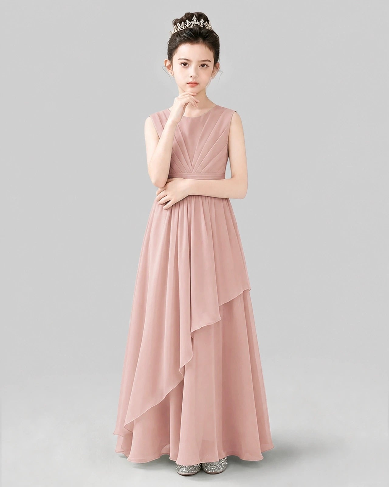 Dusty Rose Chiffon A-line Junior Bridesmaid Dress Front View