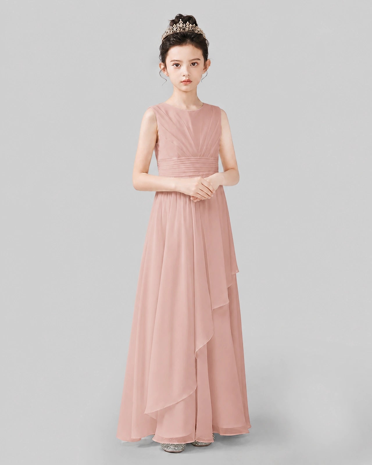 Light Pink Chiffon Ruffled Junior Bridesmaid Dress Front View.
