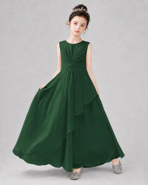 Dark Green Chiffon Ruffled Junior Bridesmaid Dress Front View.