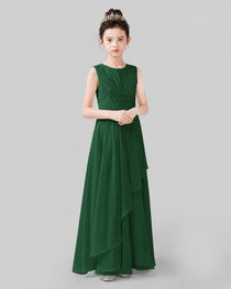 Dark Green Chiffon Ruffled Junior Bridesmaid Dress Front View.