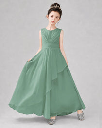 Sage Green Chiffon Ruffled Junior Bridesmaid Dress Front View.
