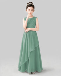White Chiffon Ruffled Junior Bridesmaid Dress Front View.