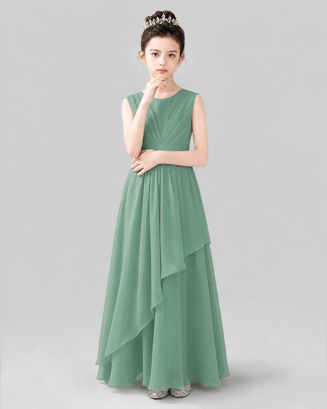White Chiffon Ruffled Junior Bridesmaid Dress Front View.