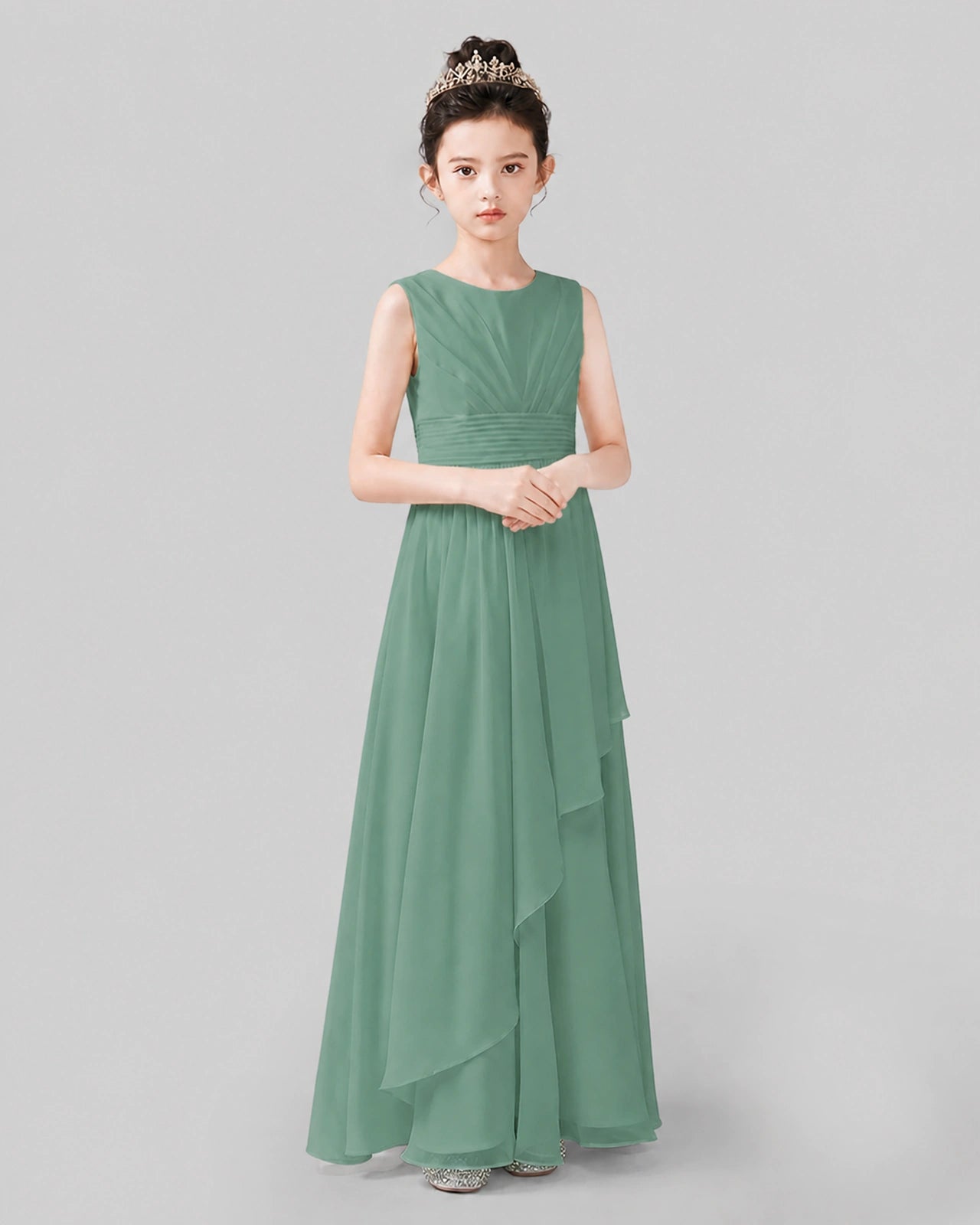 Green Chiffon Ruffled Junior Bridesmaid Dress Front View.