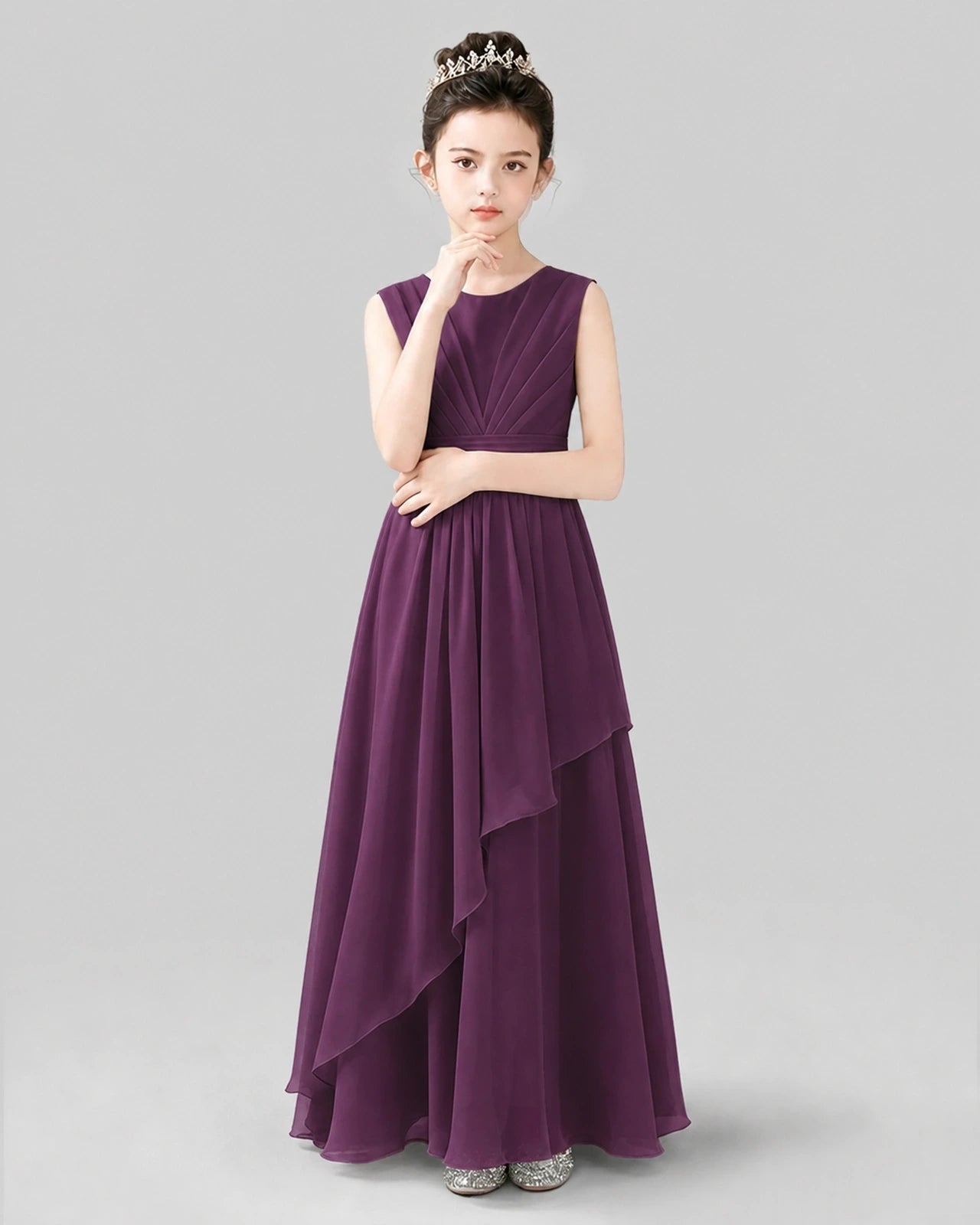 Purple Chiffon Ruffled Junior Bridesmaid Dress Front View.