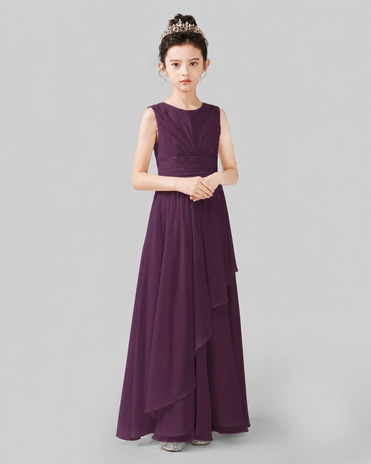 Purple Chiffon Ruffled Junior Bridesmaid Dress Front View.