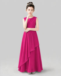 Bright Pink Chiffon Ruffled Junior Bridesmaid Dress Front View.