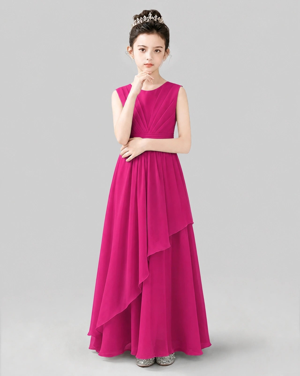 Bright Pink Chiffon Ruffled Junior Bridesmaid Dress Front View.