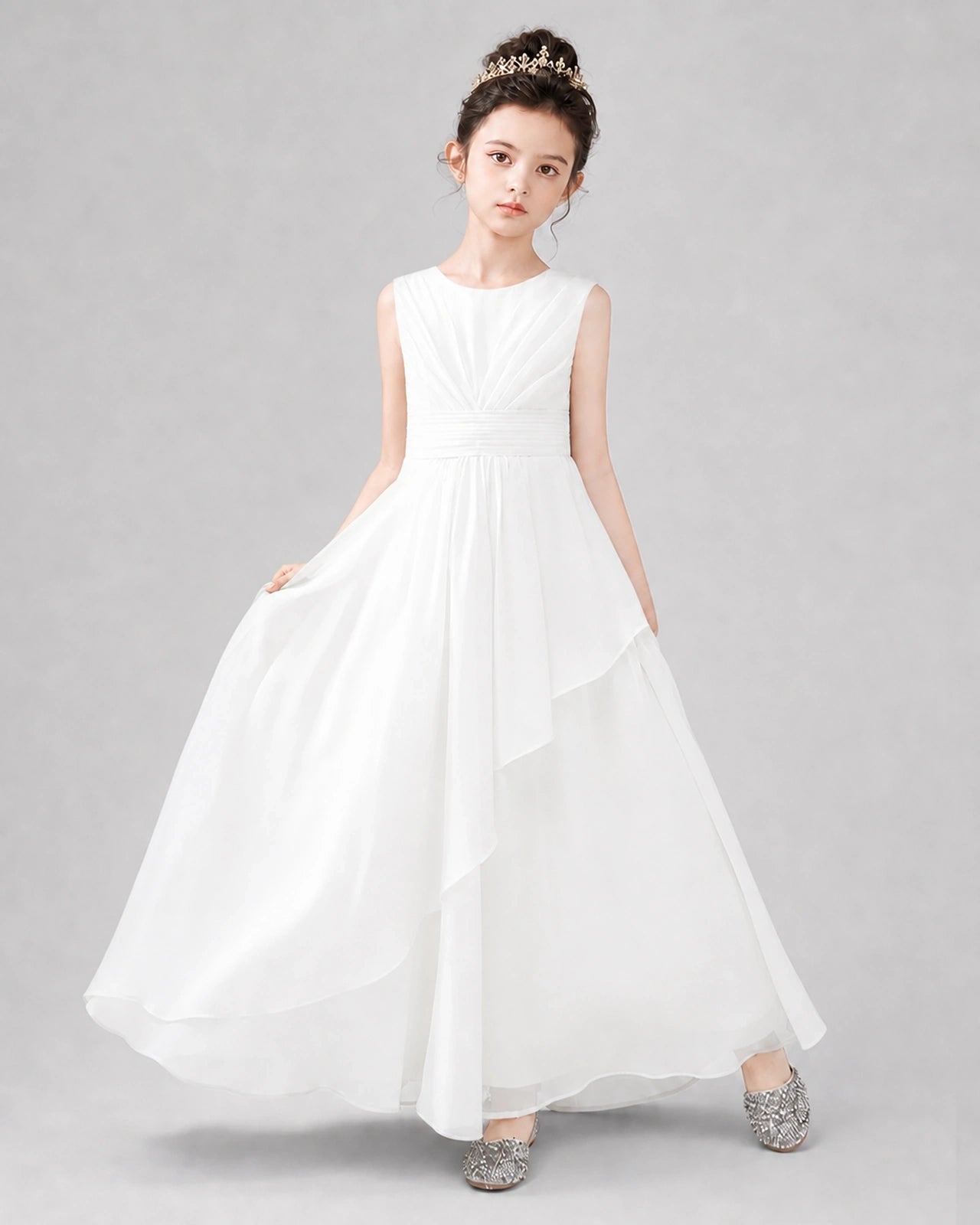 Light Blue Chiffon Ruffled Junior Bridesmaid Dress Front View.