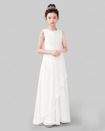 White Chiffon Ruffled Junior Bridesmaid Dress Front View.