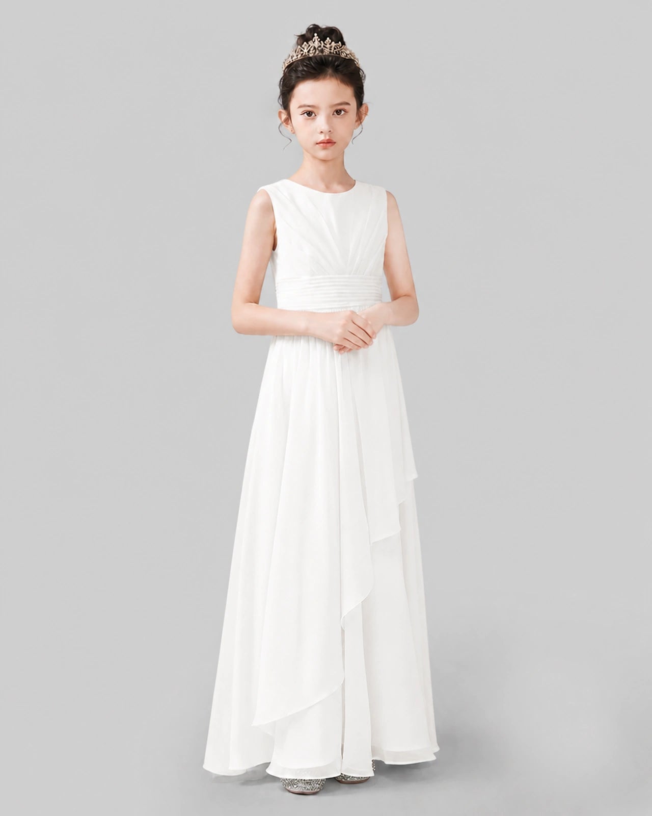 White Chiffon Ruffled Junior Bridesmaid Dress Front View.