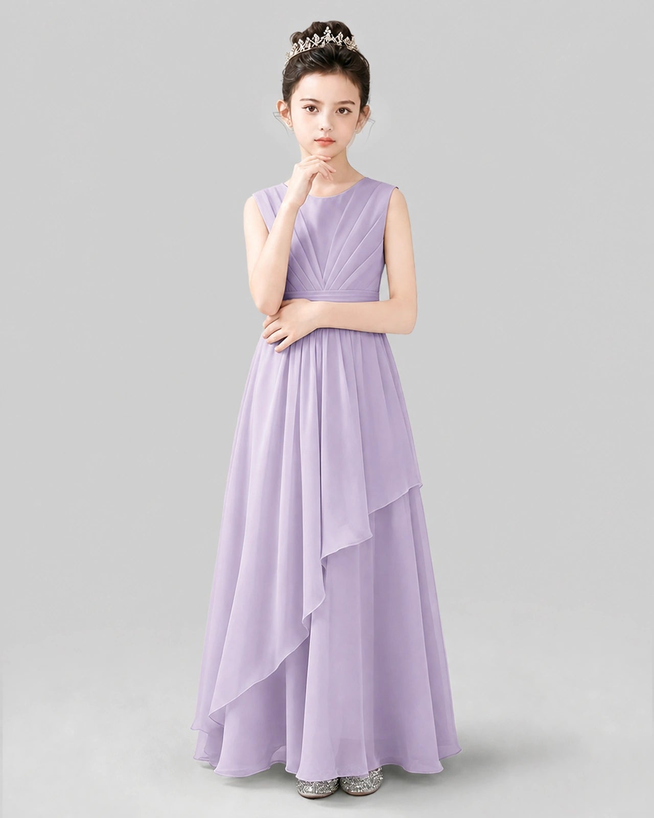 Lavender Chiffon Sleeveless Junior Bridesmaid Dress Front View.