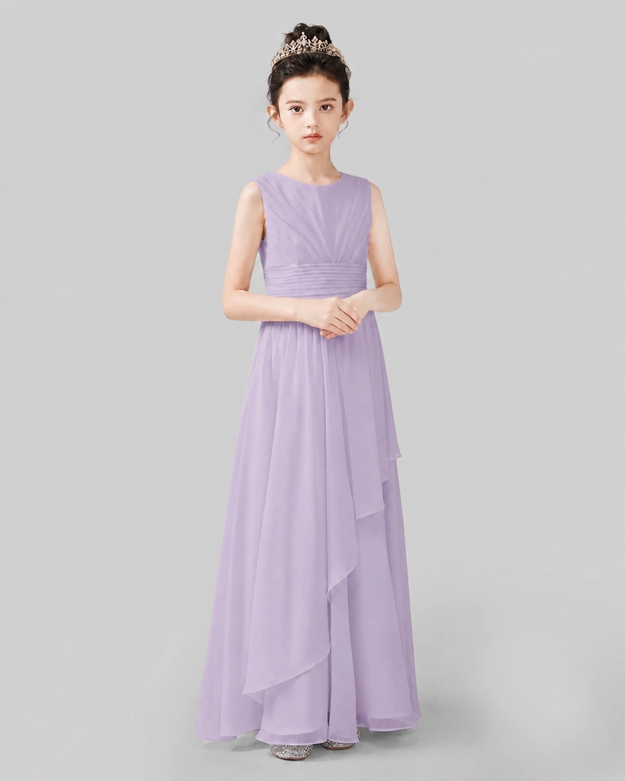 White Chiffon Ruffled Junior Bridesmaid Dress Front View.