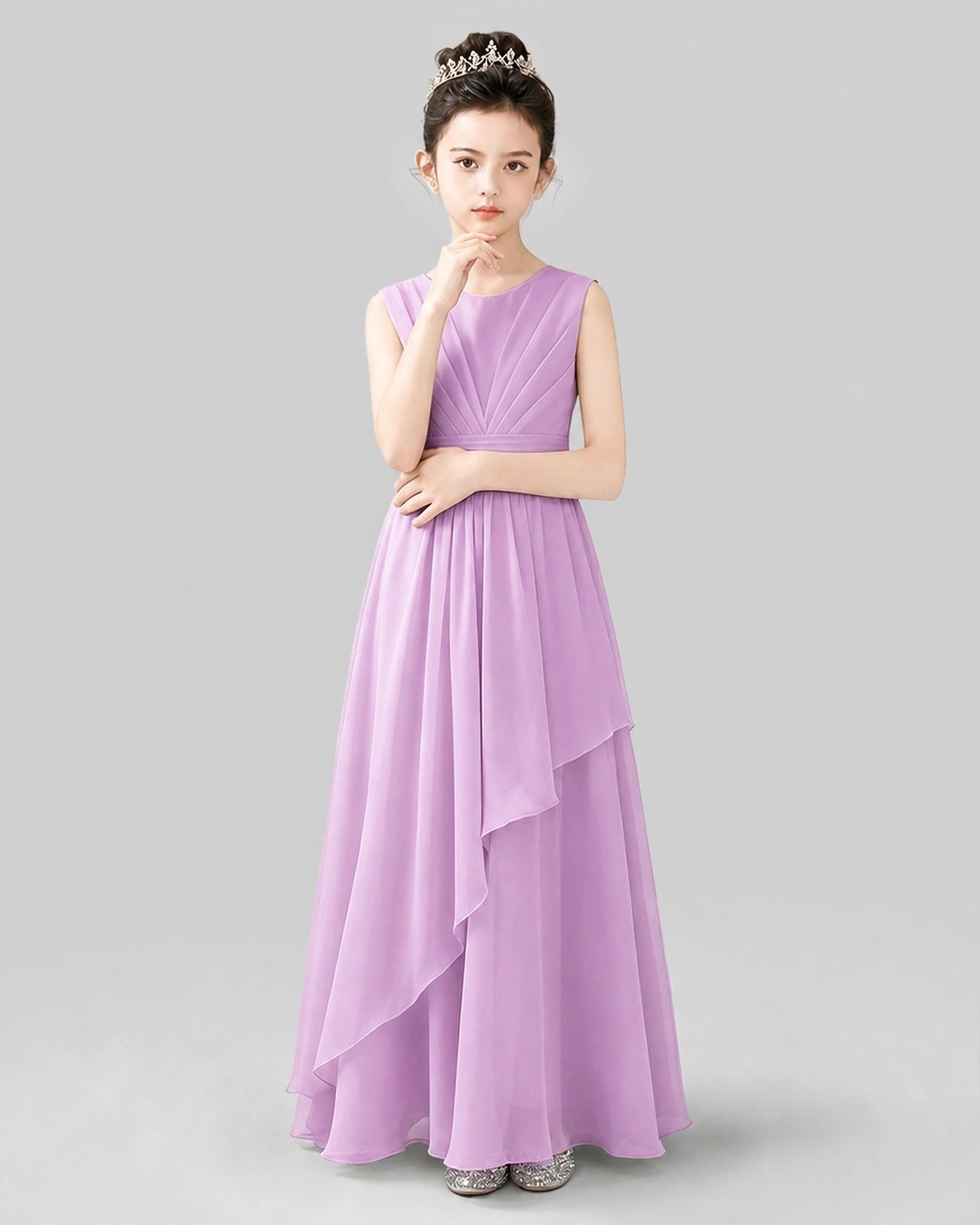 Lavender Chiffon Ruffled Junior Bridesmaid Dress Front View.