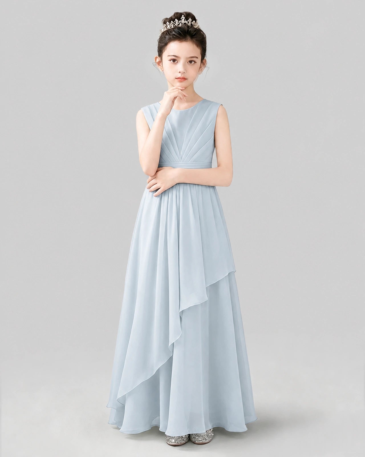Pale Blue Chiffon Ruffled Junior Bridesmaid Dress Front View.