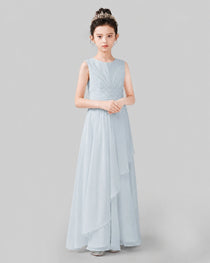 White Chiffon Sleeveless Ruffled Junior Bridesmaid Dress Front View.