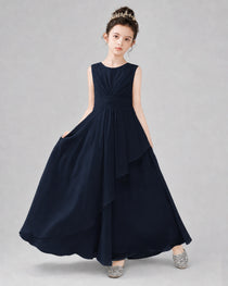 Navy Blue Chiffon Ruffled Junior Bridesmaid Dress Front View.