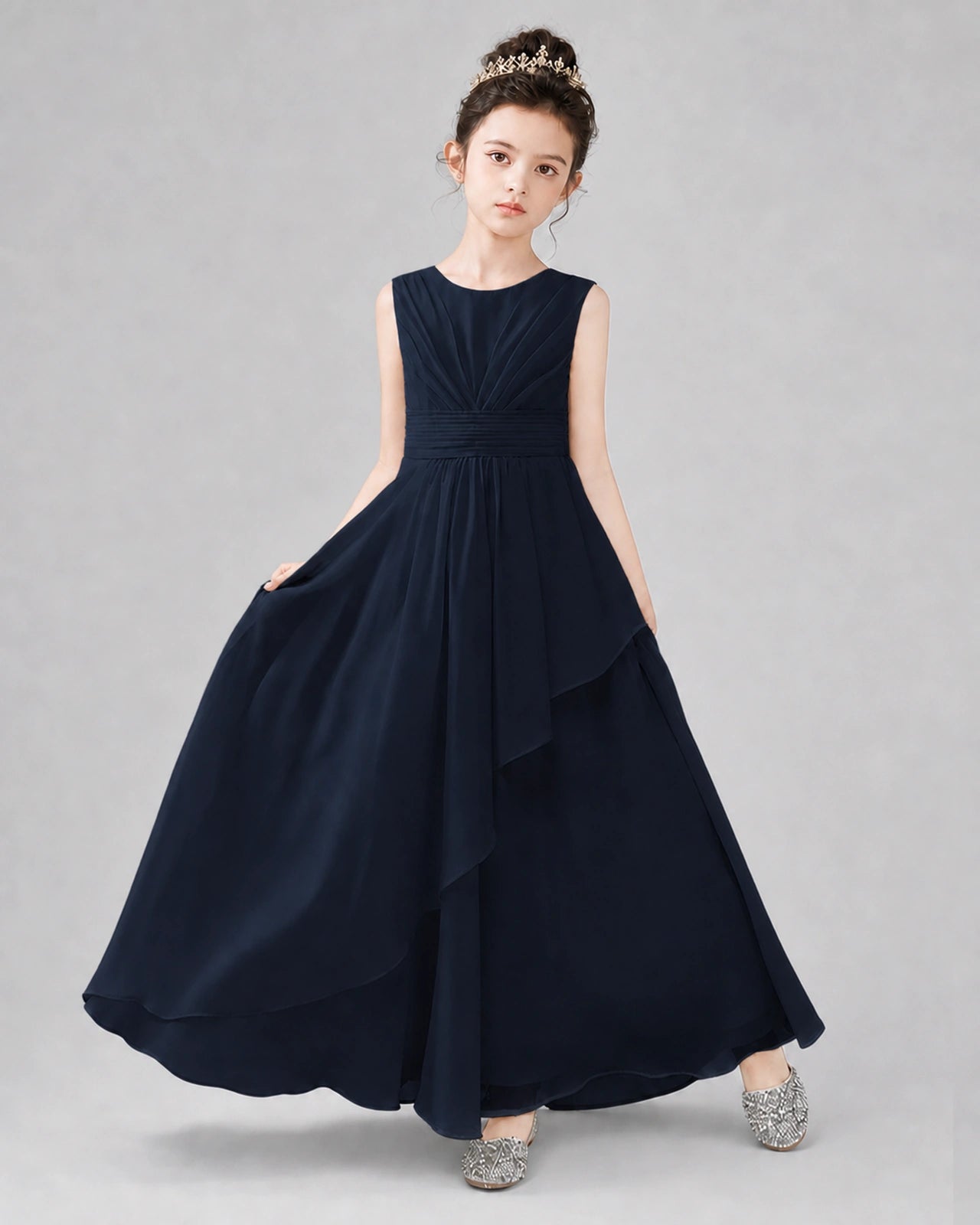 Navy Blue Chiffon Ruffled Junior Bridesmaid Dress Front View.