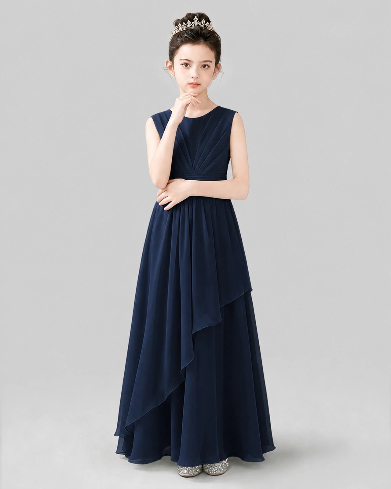 Light Blue Chiffon Ruffled Junior Bridesmaid Dress Front View.