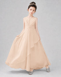 Beige Chiffon Ruffled Junior Bridesmaid Dress Front View.