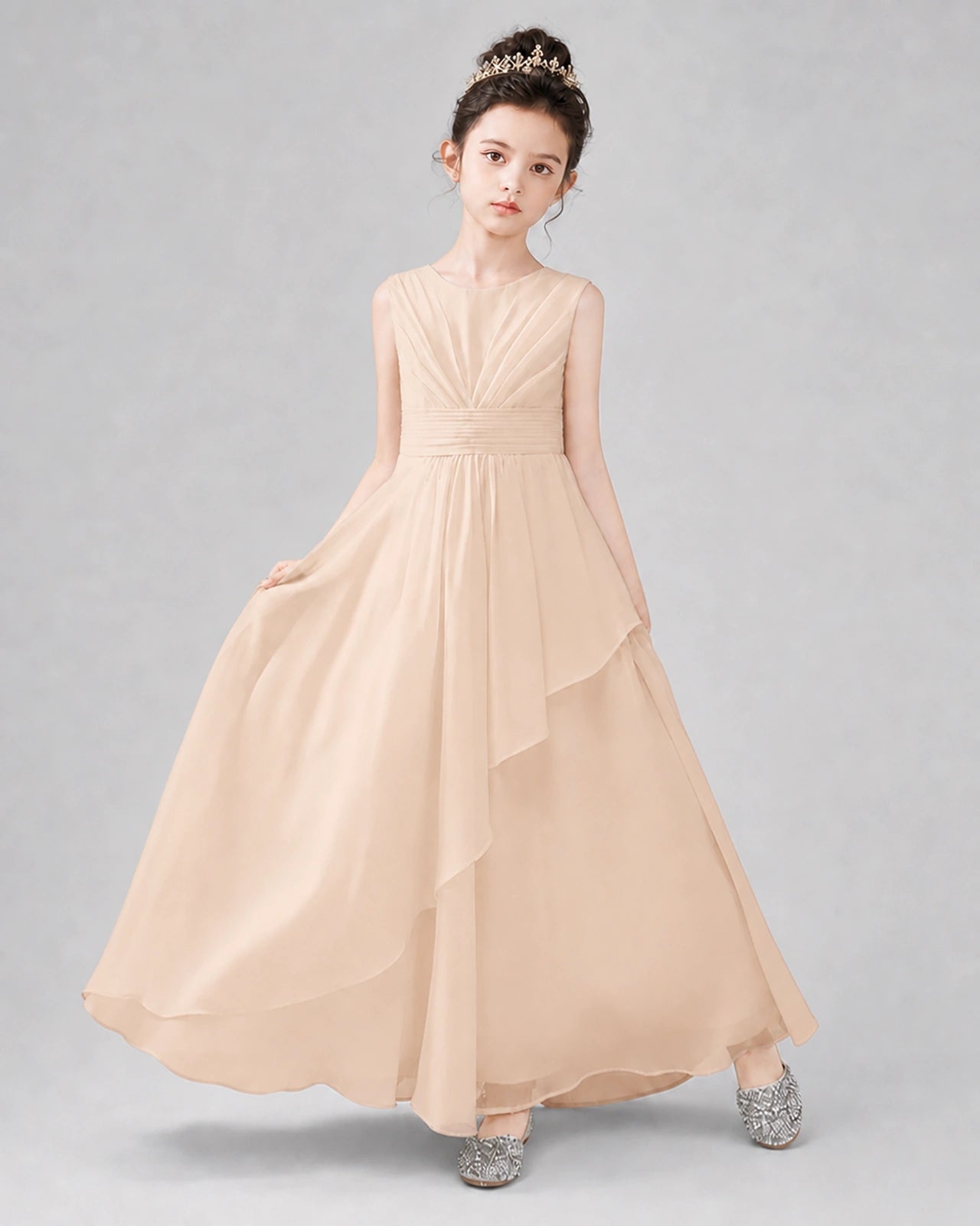 Beige Chiffon Ruffled Junior Bridesmaid Dress Front View.