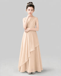 Light Beige Chiffon Ruffled Junior Bridesmaid Dress Front View.