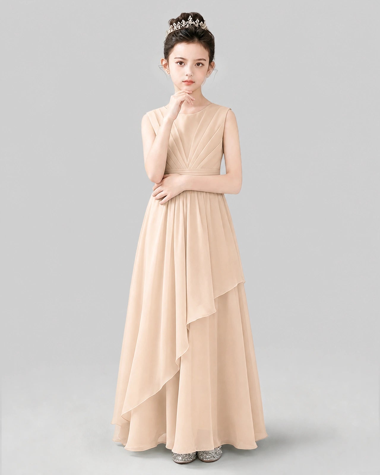 Light Beige Chiffon Ruffled Junior Bridesmaid Dress Front View.