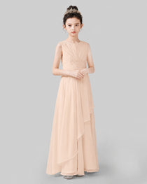 Light Peach Chiffon Ruffled Junior Bridesmaid Dress Front View.