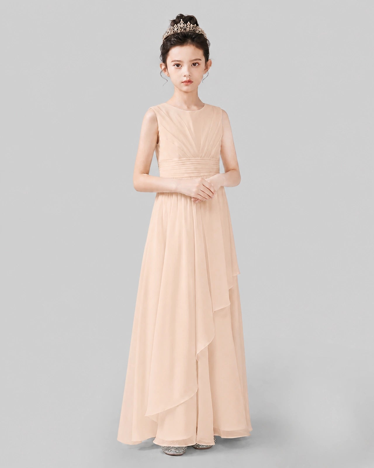 Light Peach Chiffon Ruffled Junior Bridesmaid Dress Front View.