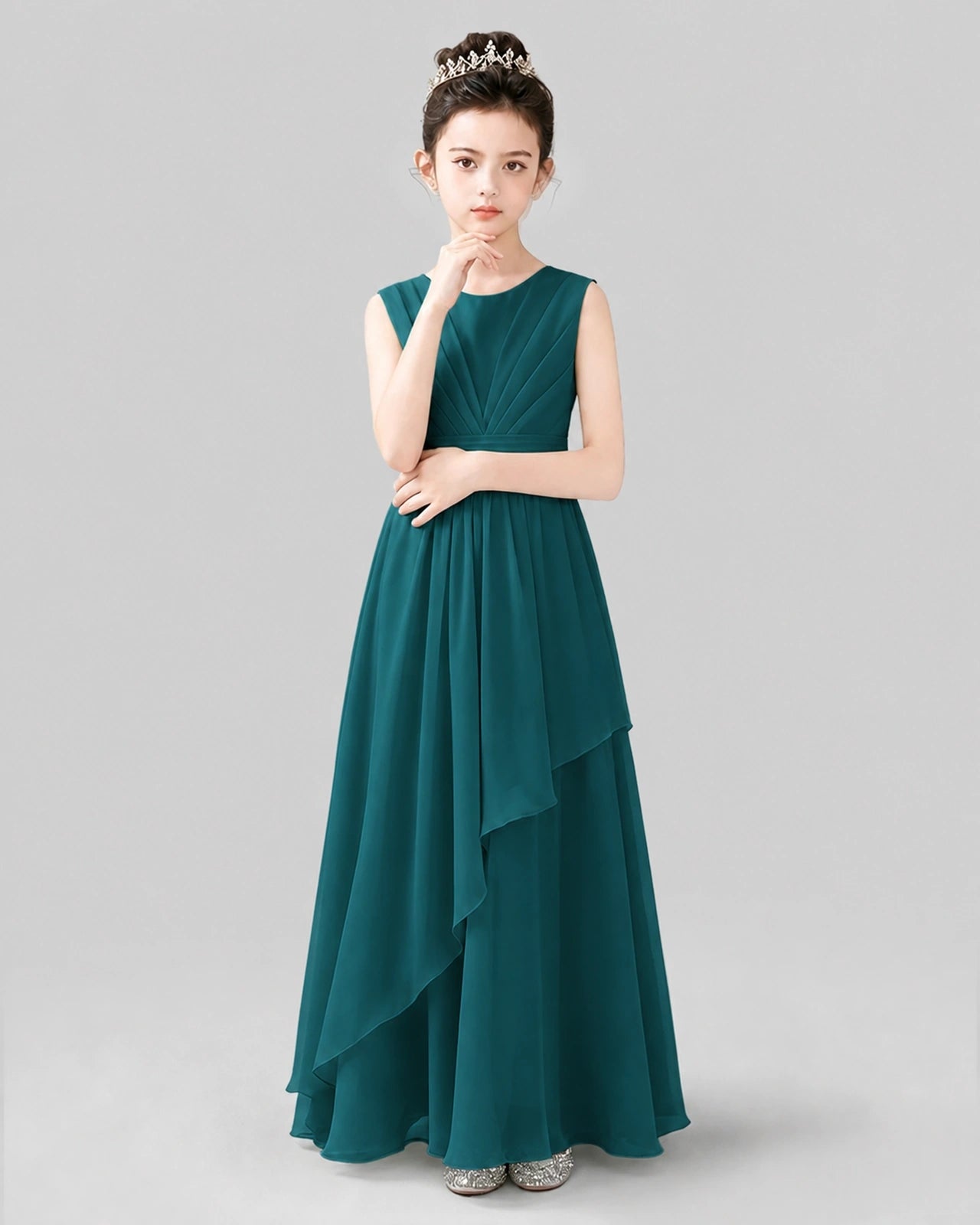 Peacock Chiffon A-line Junior Bridesmaid Dress Front View