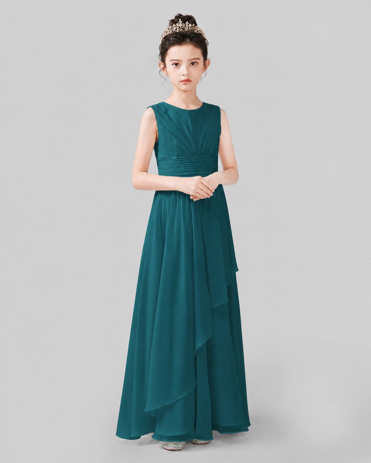 Light Gray Chiffon Ruffled Junior Bridesmaid Dress Front View.