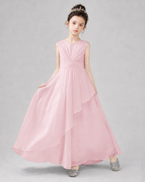 Light Gray Chiffon Ruffled Junior Bridesmaid Dress Front View.