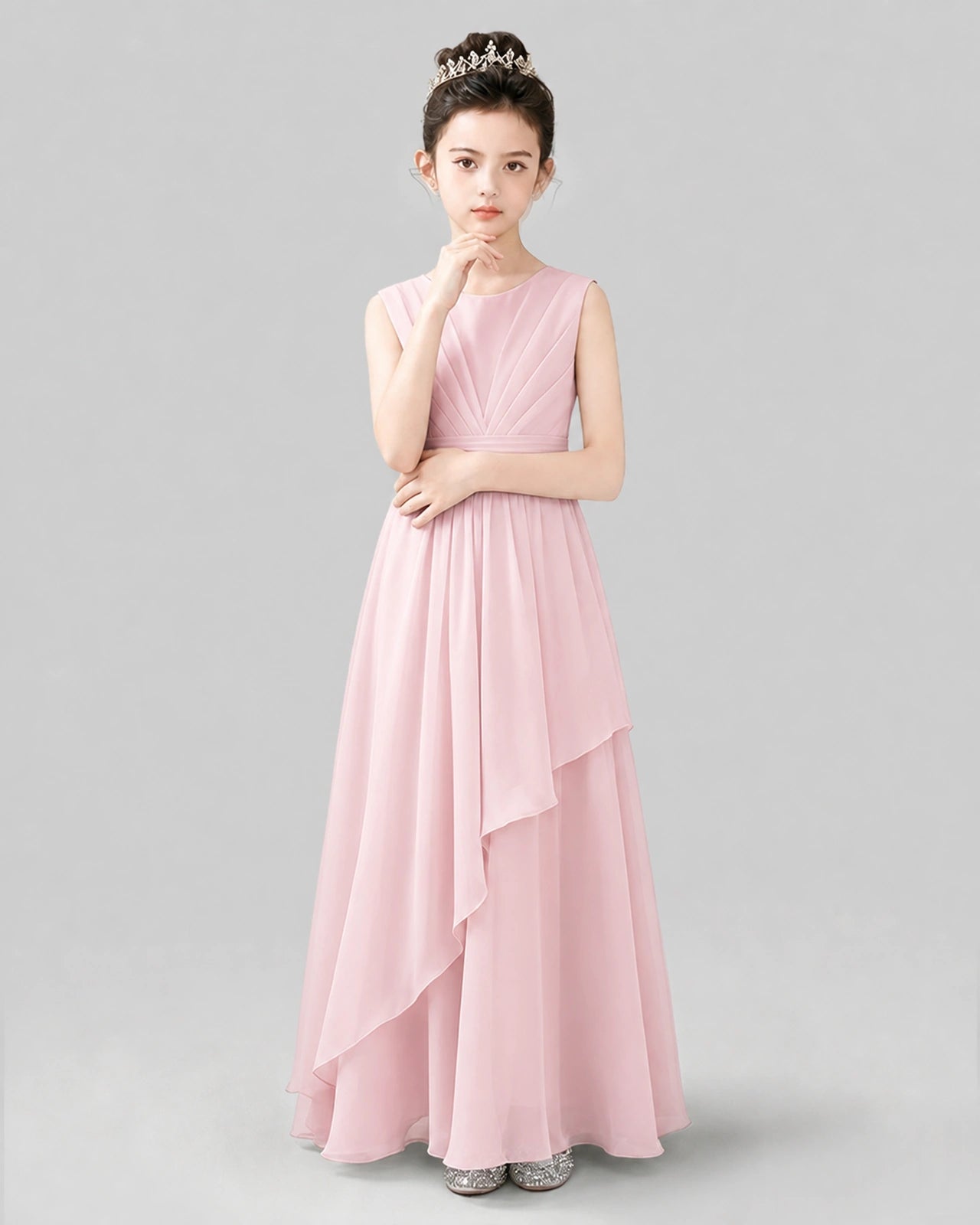 Light Pink Chiffon Ruffled Junior Bridesmaid Dress Front View.