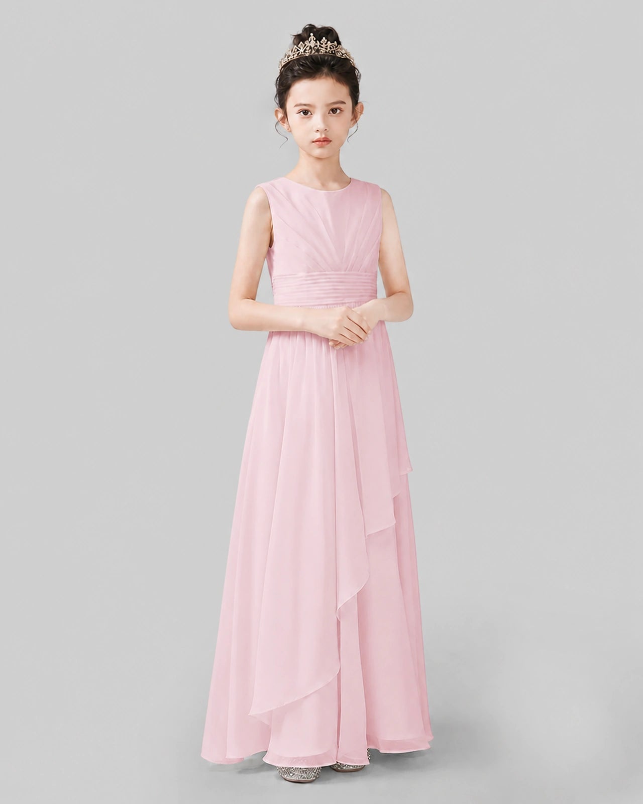 White Chiffon Ruffled Junior Bridesmaid Dress Front View.