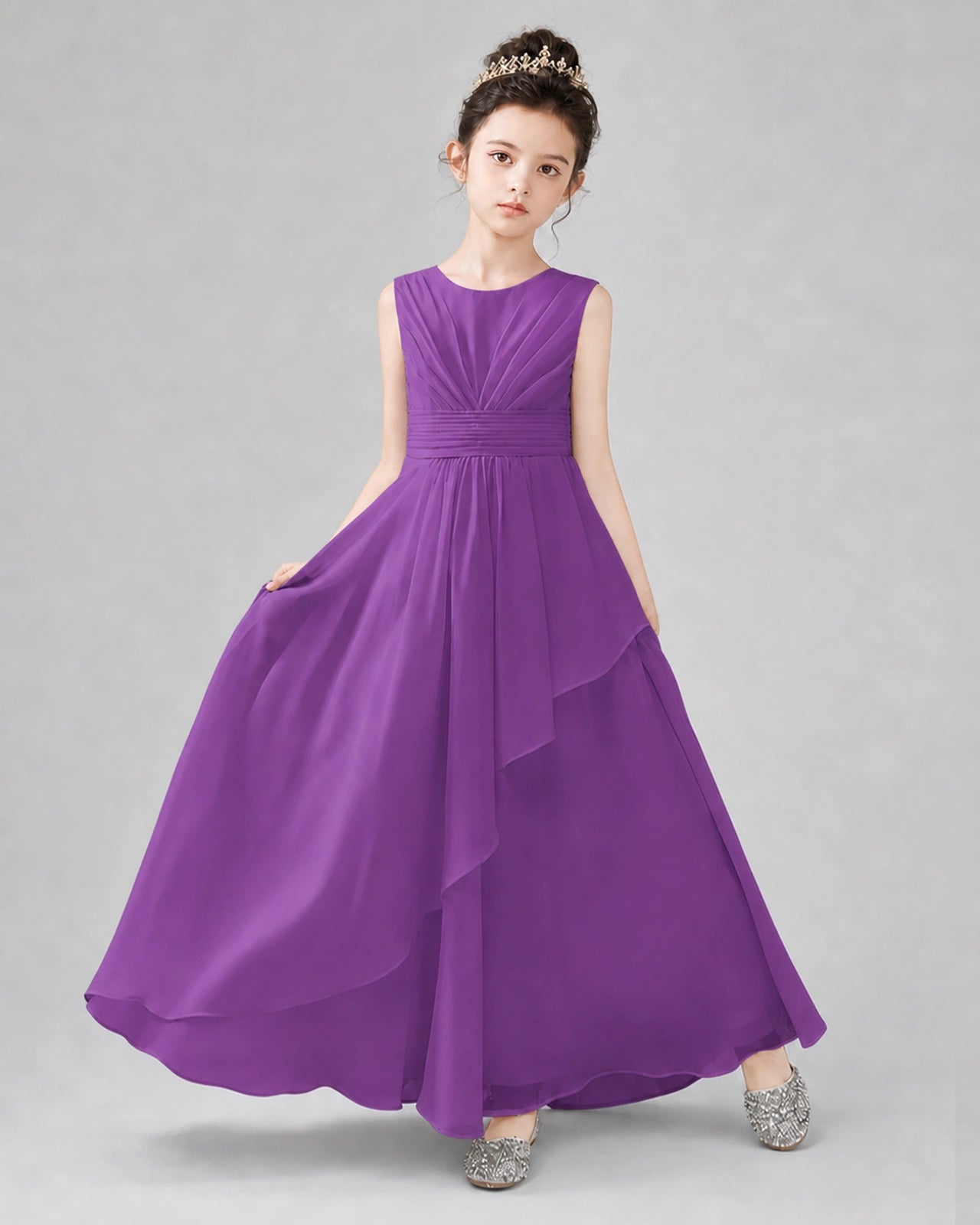 Purple Chiffon Ruffled Junior Bridesmaid Dress Front View.