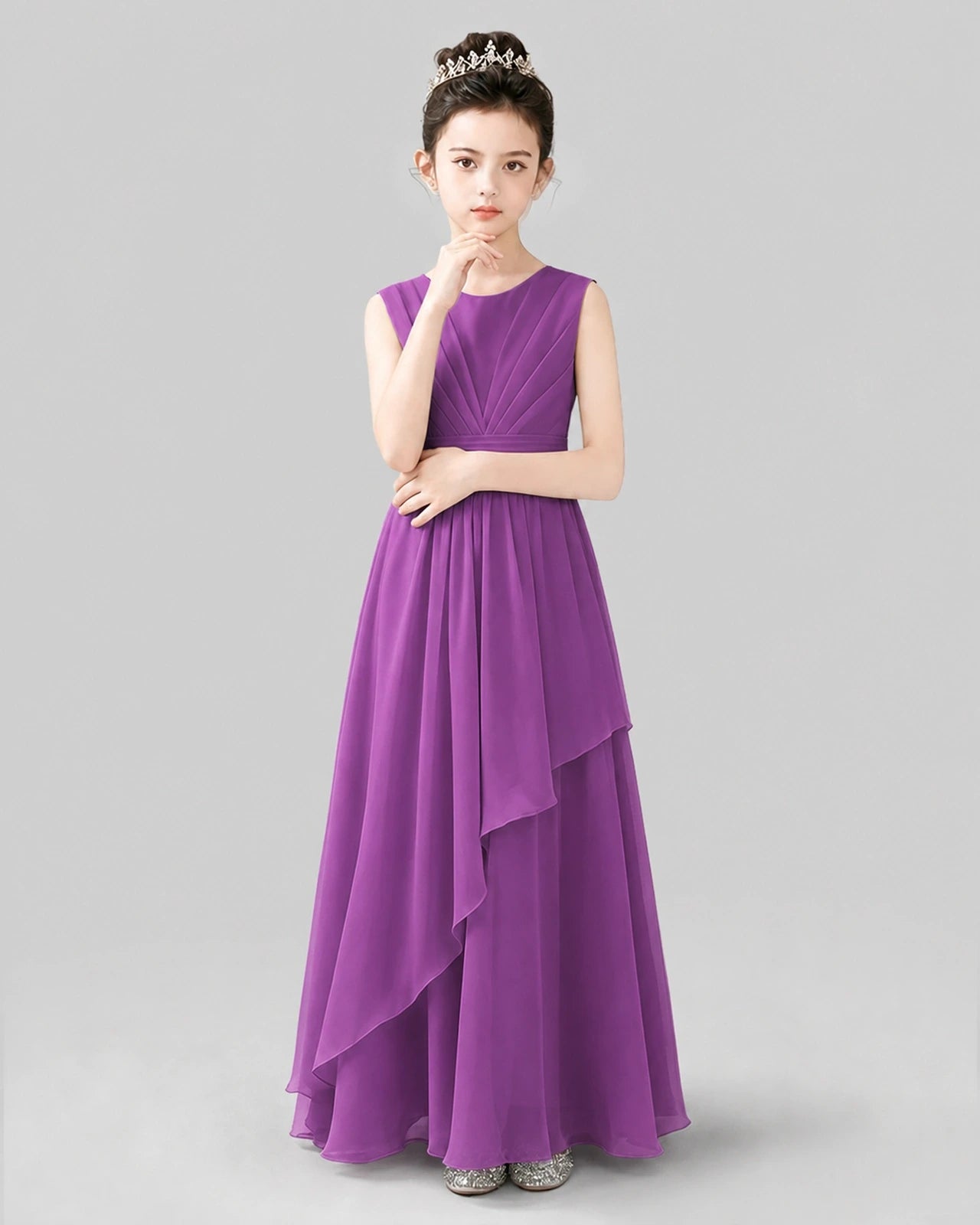 White Chiffon Ruffled Junior Bridesmaid Dress Front View.