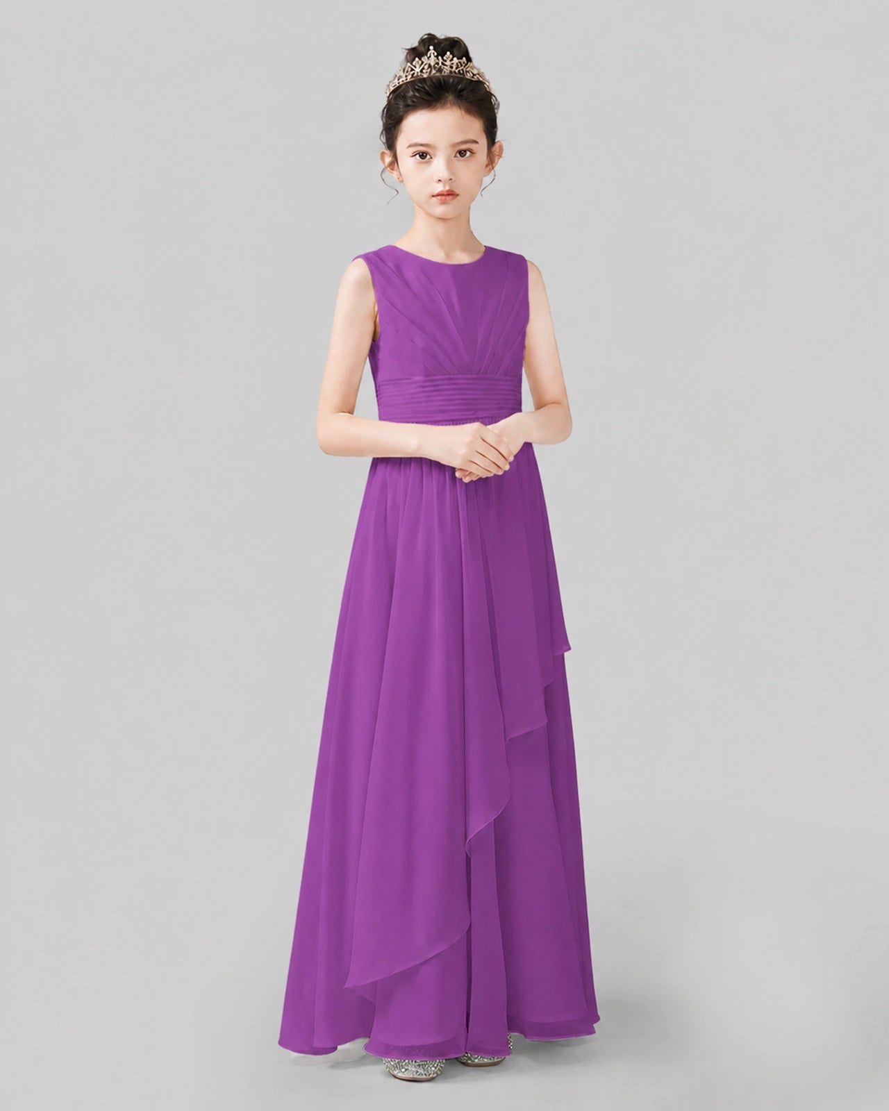 Purple Chiffon Ruffled Junior Bridesmaid Dress Front View.