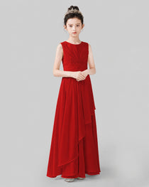 White Chiffon Sleeveless Ruffled Junior Bridesmaid Dress Front View.