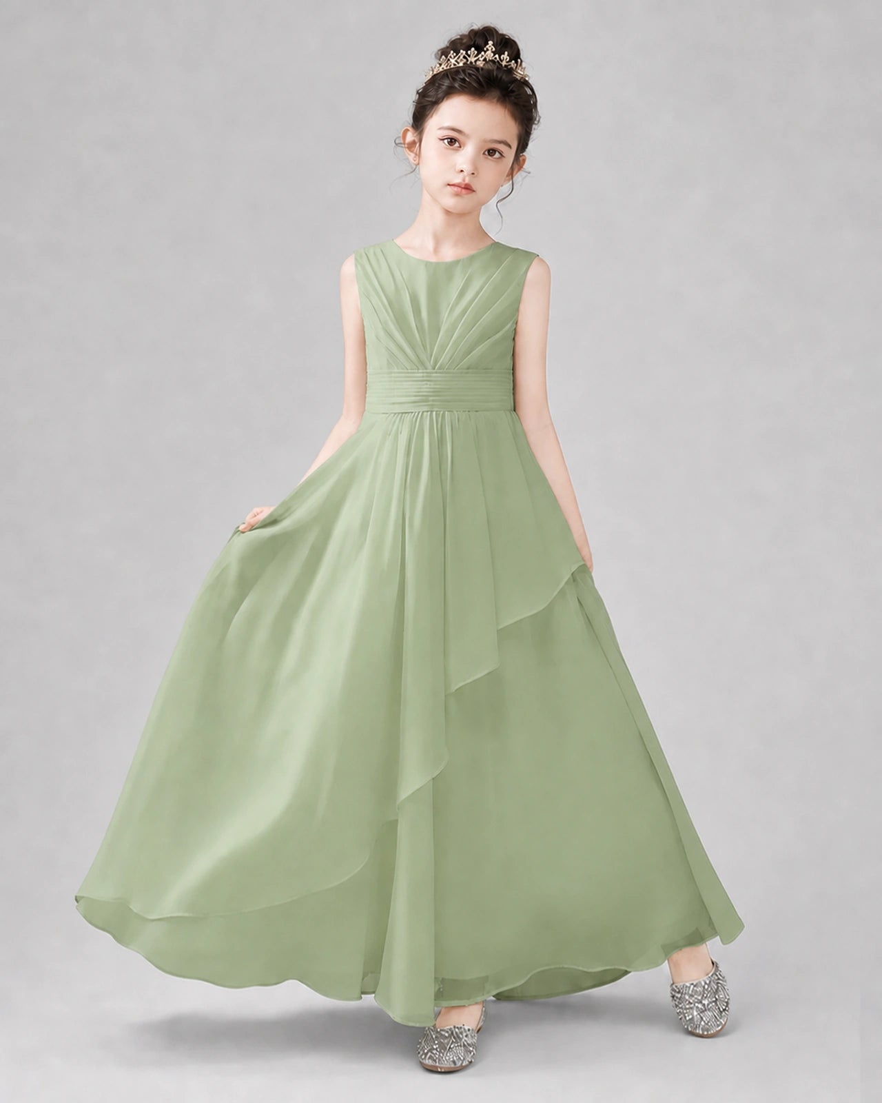Sage Green Chiffon A-line Junior Bridesmaid Dress Front View