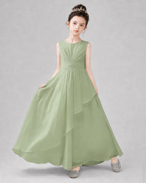 Light Green Chiffon Ruffled Layer Junior Bridesmaid Dress Front View.