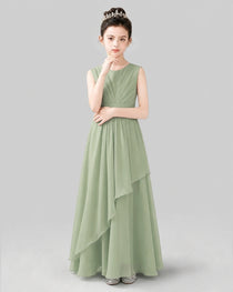 Sage Green Chiffon Ruffled Junior Bridesmaid Dress Front View.