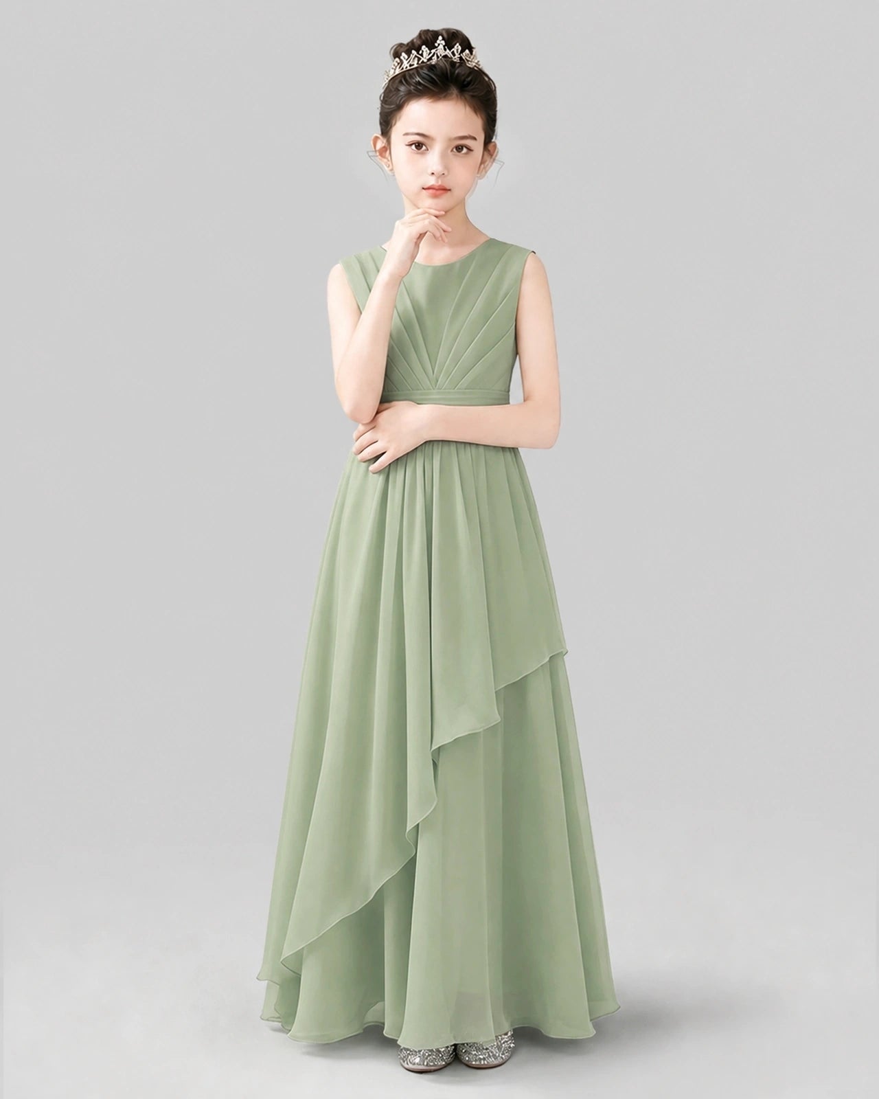 Sage Green Chiffon Ruffled Junior Bridesmaid Dress Front View.