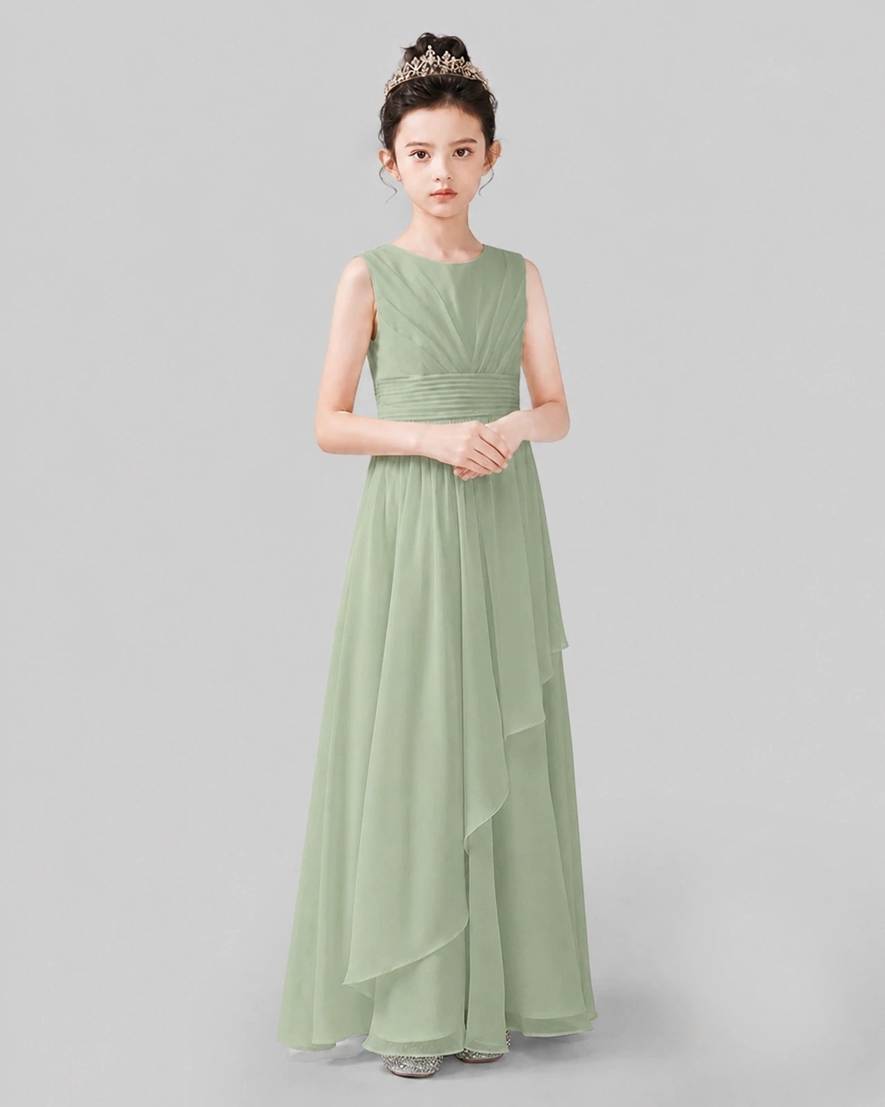 Gray Chiffon Ruffled Junior Bridesmaid Dress Front View.