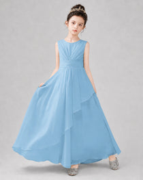 Light Blue Chiffon Ruffled Junior Bridesmaid Dress Front View.
