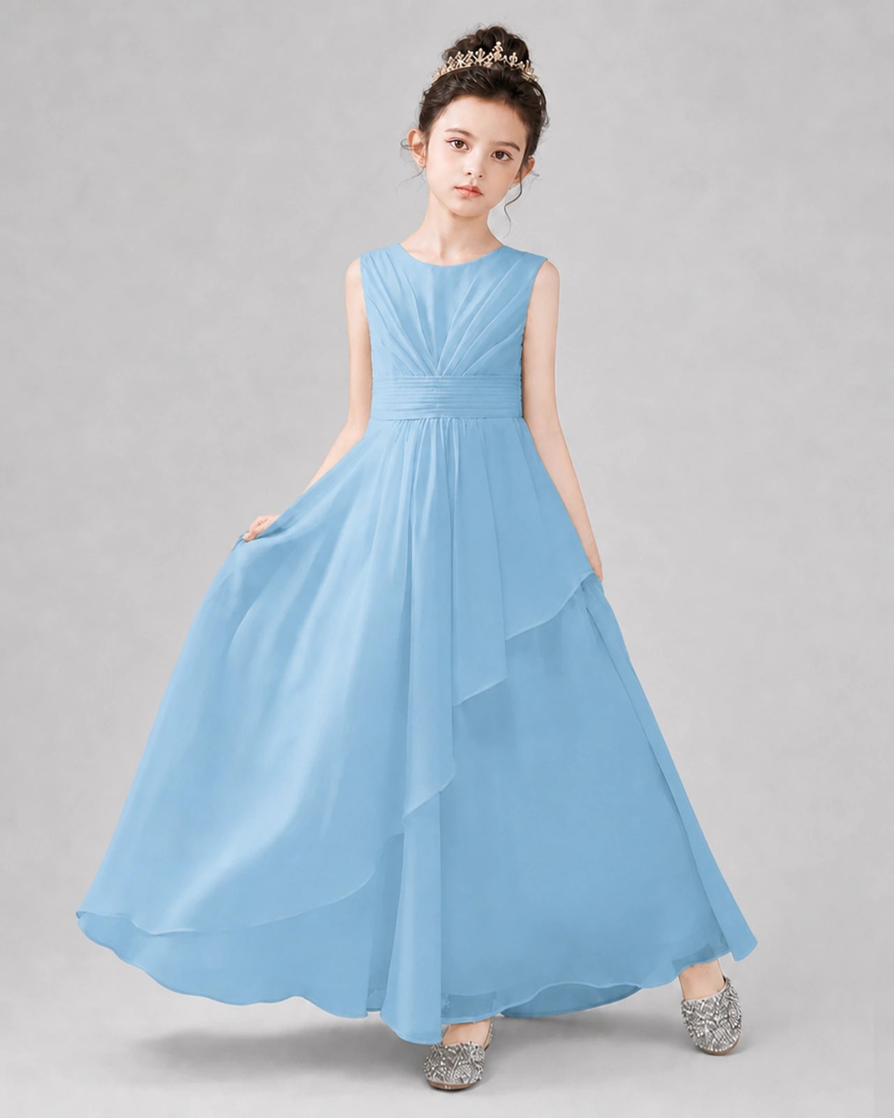 Light Blue Chiffon Ruffled Junior Bridesmaid Dress Front View.