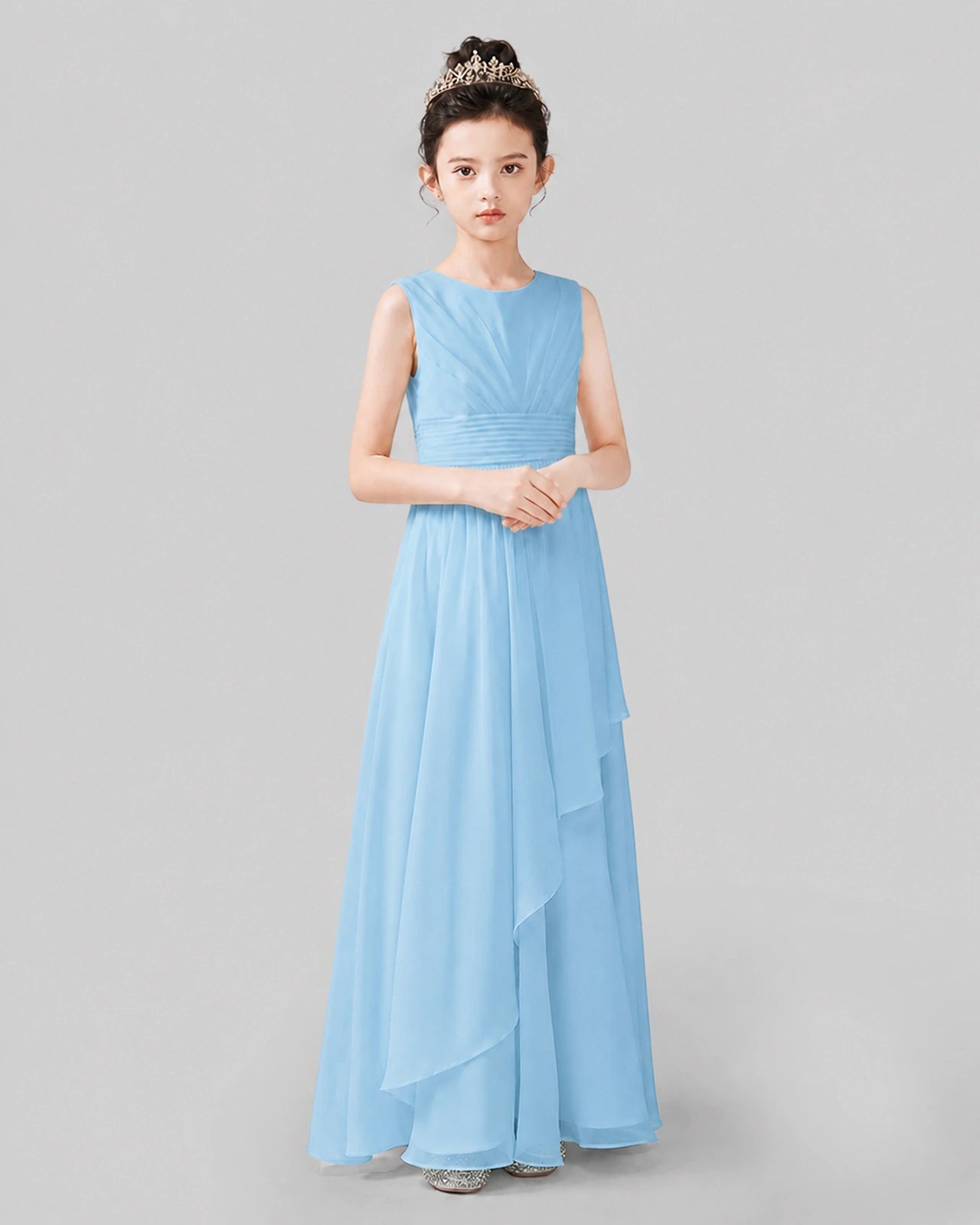 Light Blue Chiffon Ruffled Junior Bridesmaid Dress Front View.