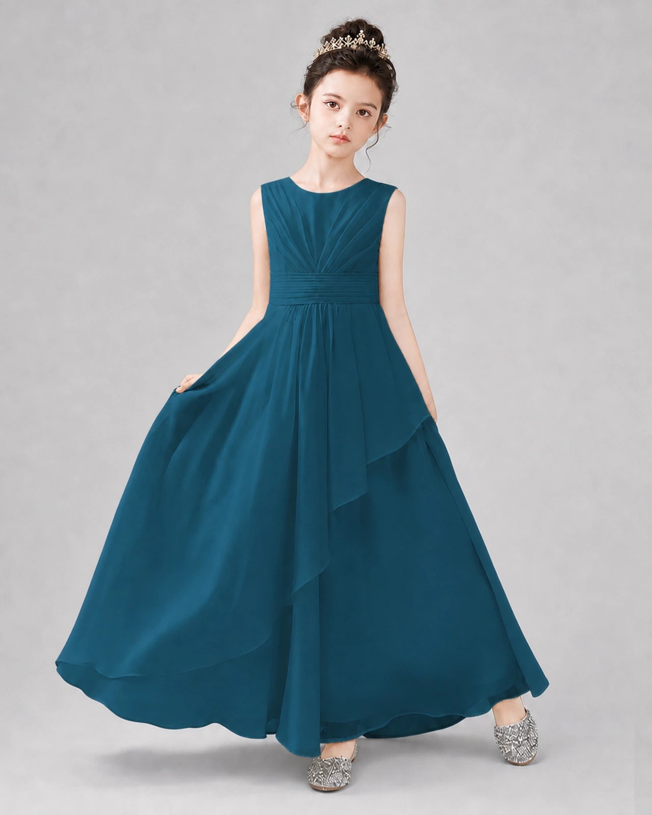 Teal Chiffon Ruffled Junior Bridesmaid Dress Front View.