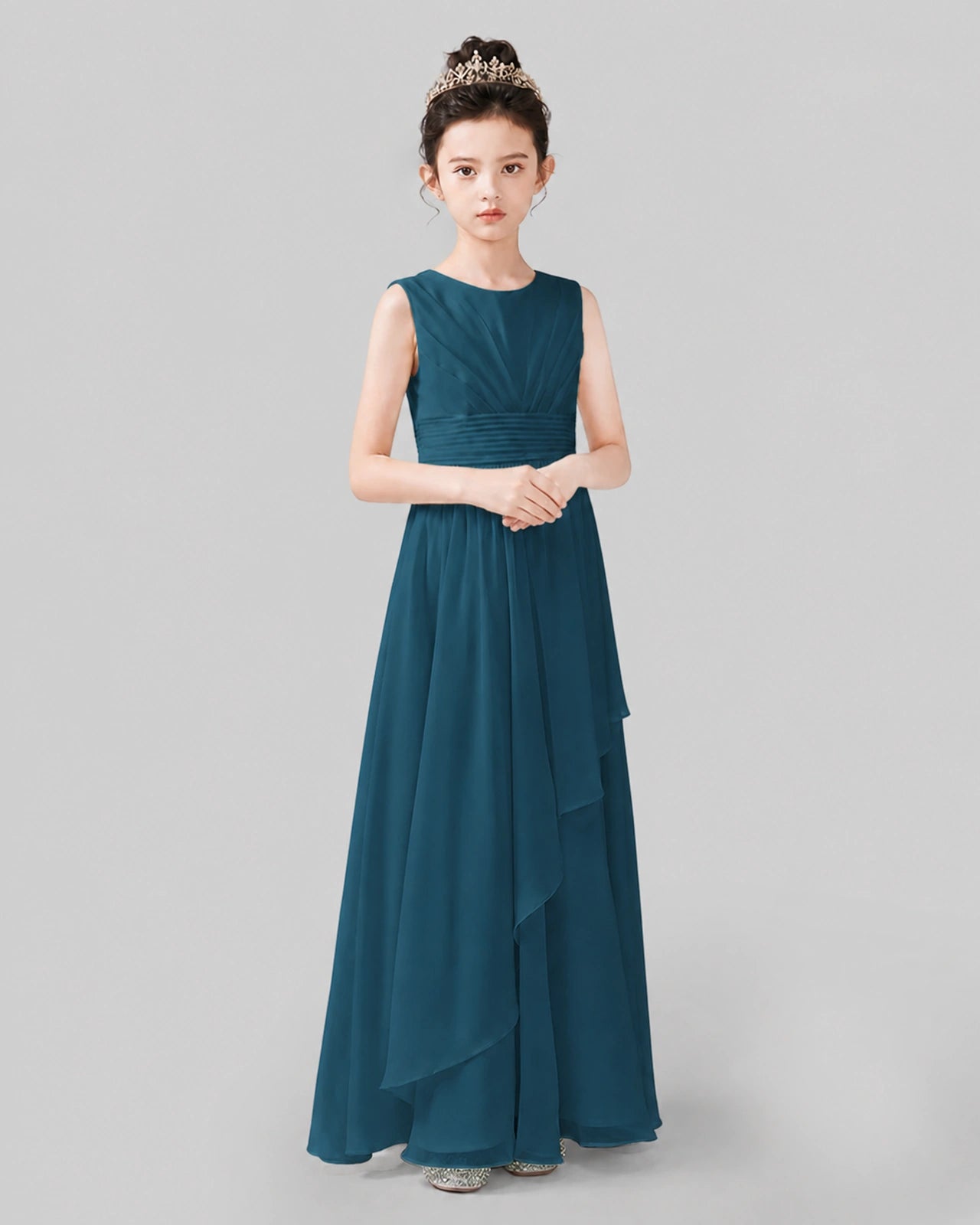 Light Gray Chiffon Ruffled Junior Bridesmaid Dress Front View.